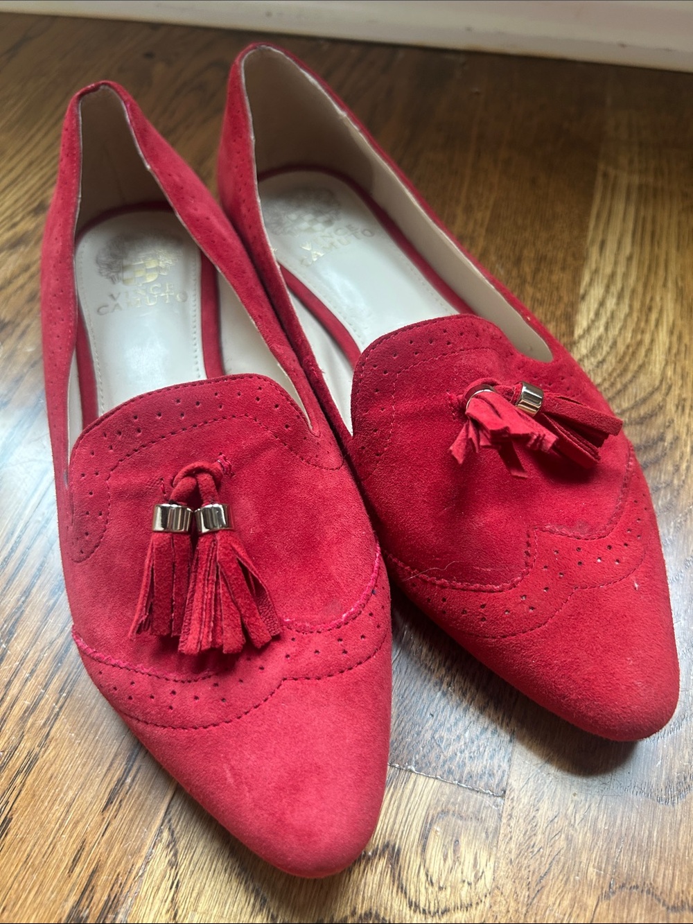 Vince Camuto Red Suede Tassel Pointed Loafers size 8M/38